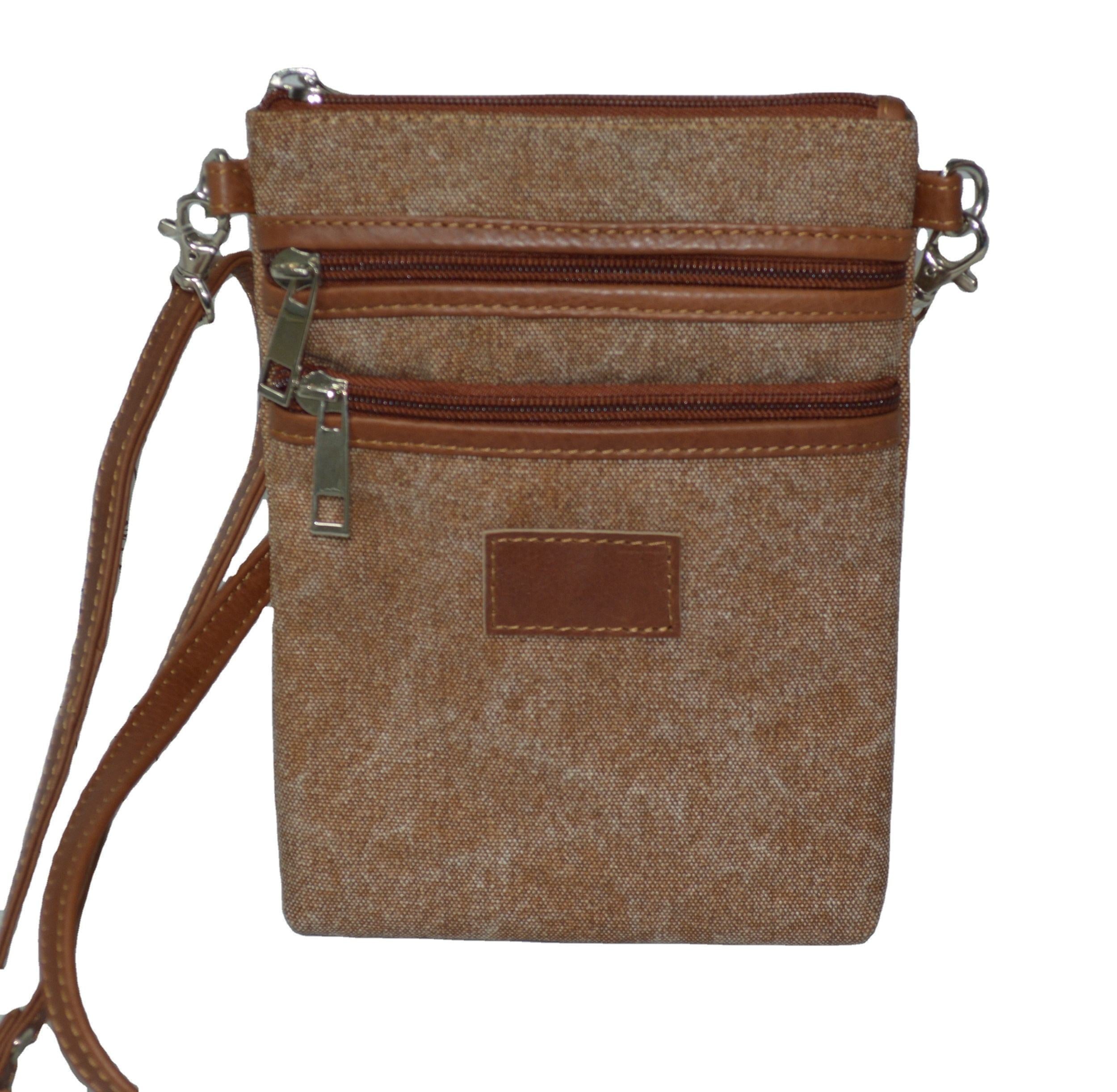Heather Brown Crossbody Phone Bag, Trim Triple Zip Adjustable Thin Strap